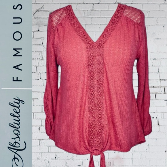 3X ABSOLUTELY FAMOUS LACE V-NECK TOP. FRONT TIE. TEXTURED POLYESTER DEEP MAUVE. - Picture 2 of 16